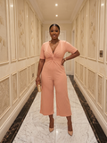 PrettyLittleThing Peach Ribbed Twist Front Wide Leg Jumpsuit UK 12
