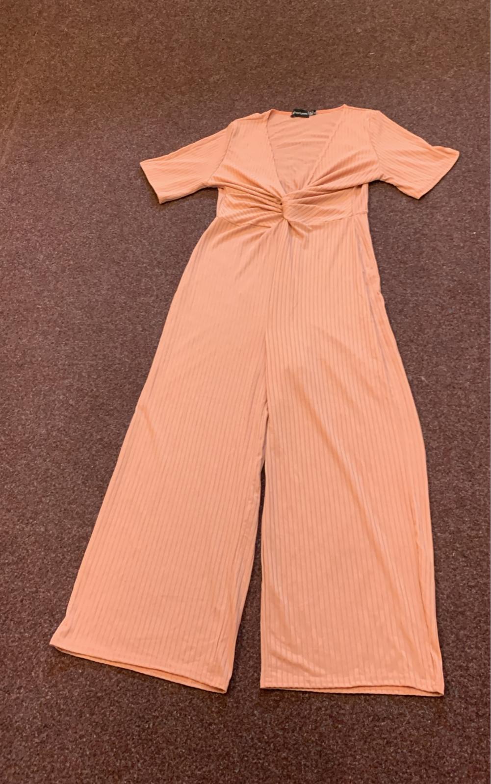 PrettyLittleThing Peach Ribbed Twist Front Wide Leg Jumpsuit UK 12