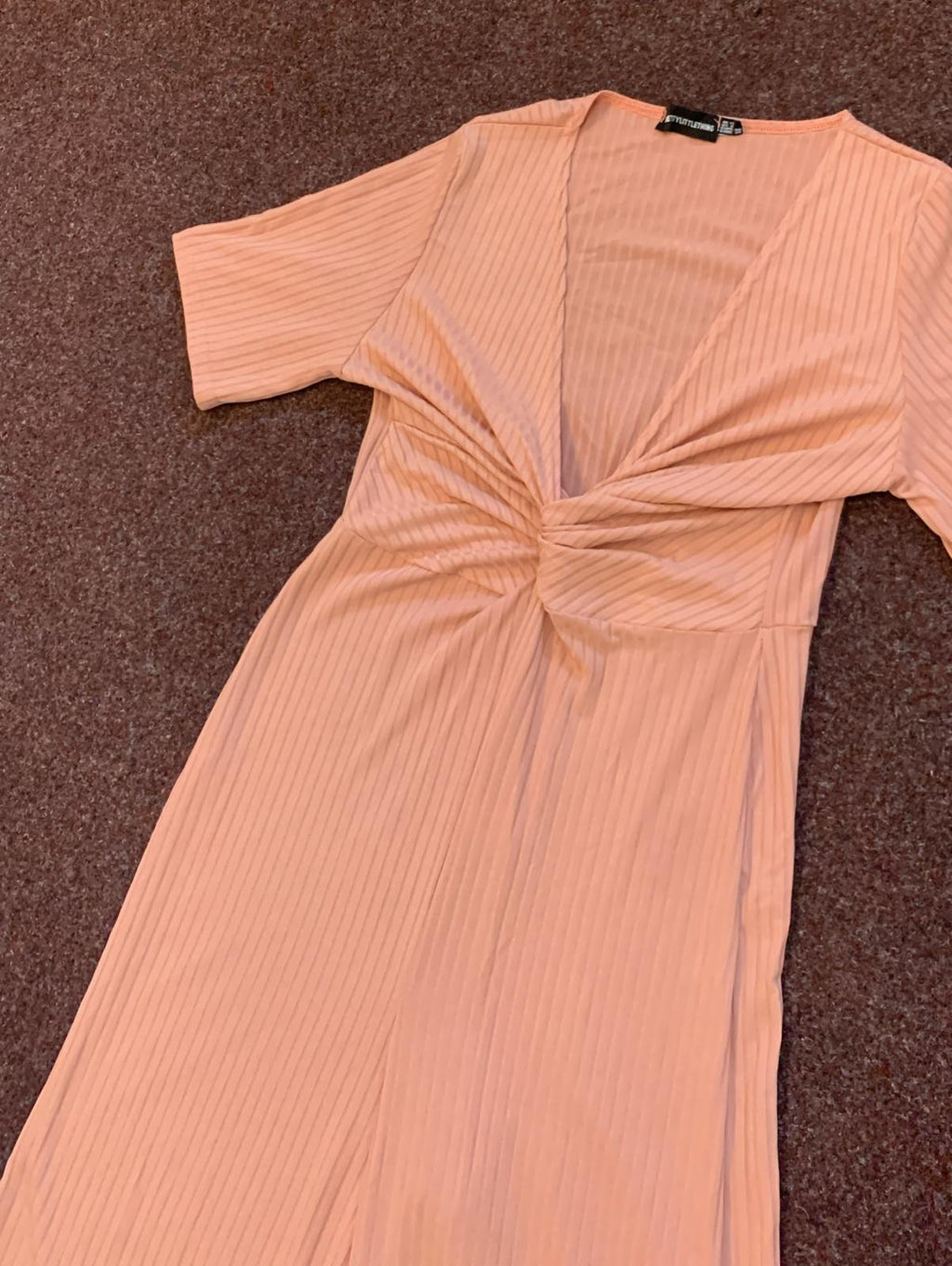 PrettyLittleThing Peach Ribbed Twist Front Wide Leg Jumpsuit UK 12