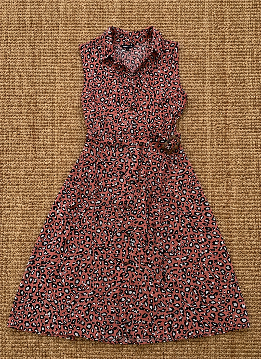 Peacocks Coral Leopard Print Sleeveless Shirt Dress Belted Midi UK 12