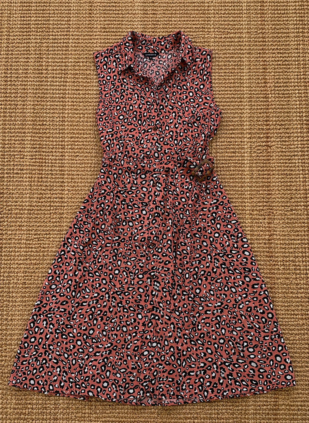 Peacocks Coral Leopard Print Sleeveless Shirt Dress Belted Midi UK 12