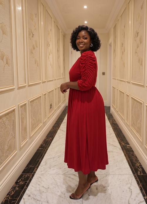 Curvewow Red Ruched Sleeve Midi Dress Size 18