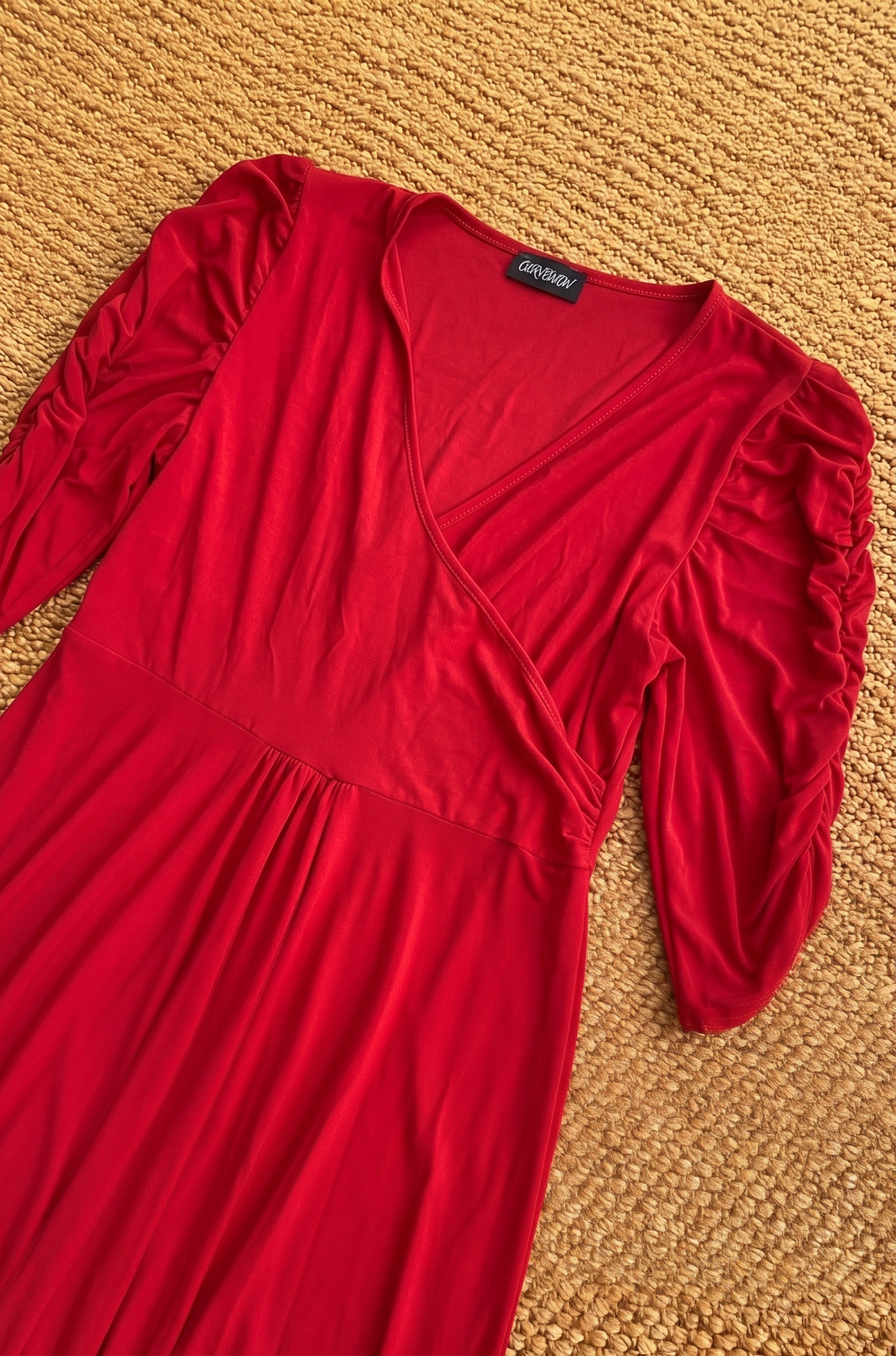 Curvewow Red Ruched Sleeve Midi Dress Size 18
